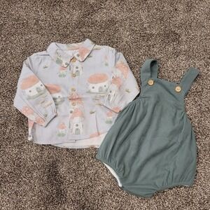 Del Sur Kids 9M Mushroom House Shirt and Green Ribbed Romper Set Cottagecore